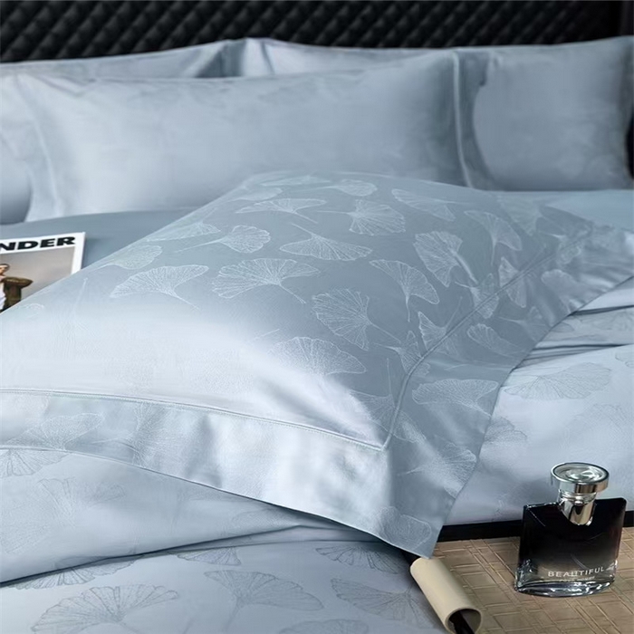 91家纺网 家纺一手货源 找家纺 优品阁 2024新款长绒棉贡缎提花--欧式轻奢提花系列叶叶情深-海洋蓝