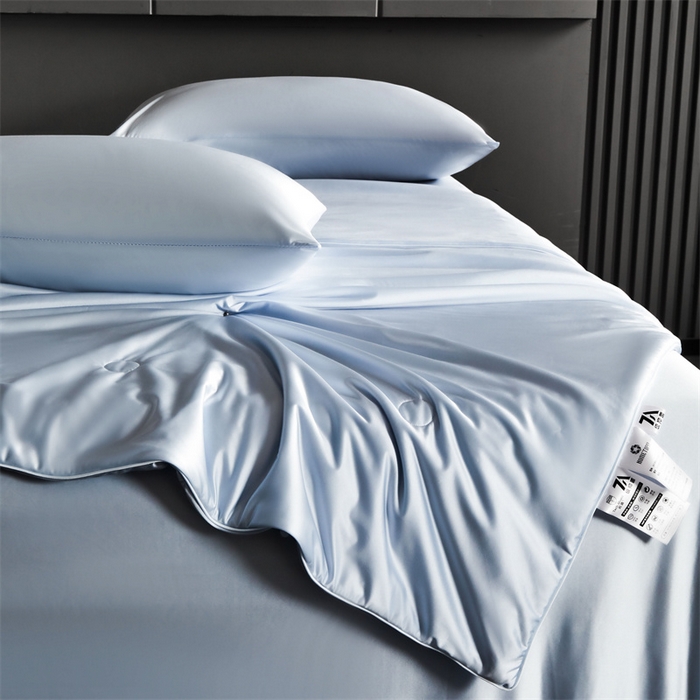 91家纺网 家纺一手货源 找家纺 雯豆家纺 2025夏季新品锦纶+氨纶高档冰丝凉感夏被空调被7A抗菌薄被芯 冰芙绸夏被-挪威蓝