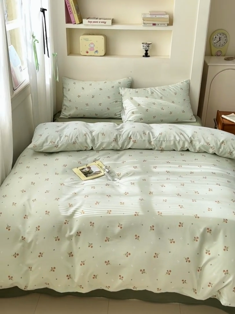 91家纺网 家纺一手货源 找家纺 冕悠家纺 2025新款热款A类高克重针织双层纱四件套系列 （提供买家秀） 清新奶绿