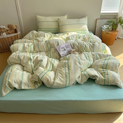 艾咪-Amy ntmy 2025新款条纹款全棉色织水洗棉四件套 漫悠黄绿