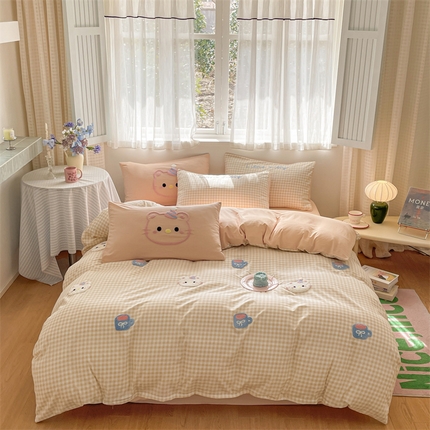 星座家纺 2025新款水洗棉毛巾绣四件套 笑脸KT 杏格