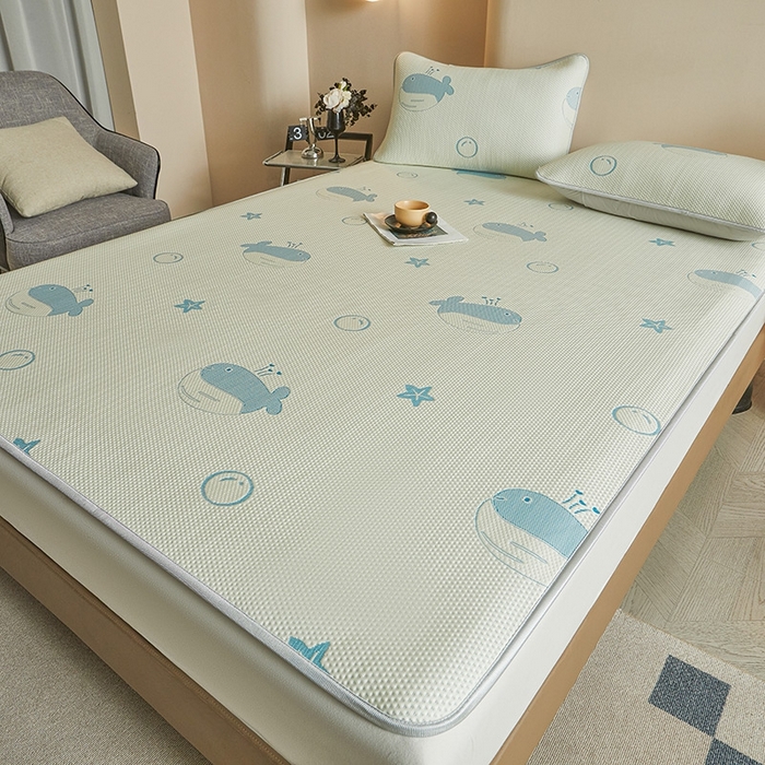 91家纺网 家纺一手货源 找家纺 柔品2025新款PE中分子凉感提花凉席系列 蓝鲸 奶绿-床席款