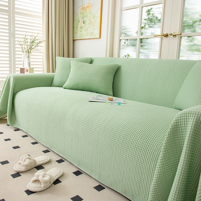 91家纺网 家纺一手货源 找家纺 沐沐家纺 2026新款冰豆豆华夫格沙发巾 绿色