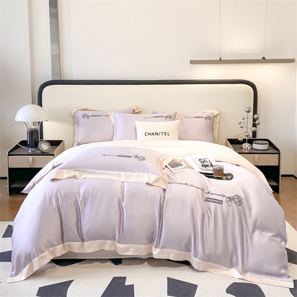 2025春季新款亲肤水洗真丝刺绣四件套-罗伊莎 莲紫-白桃