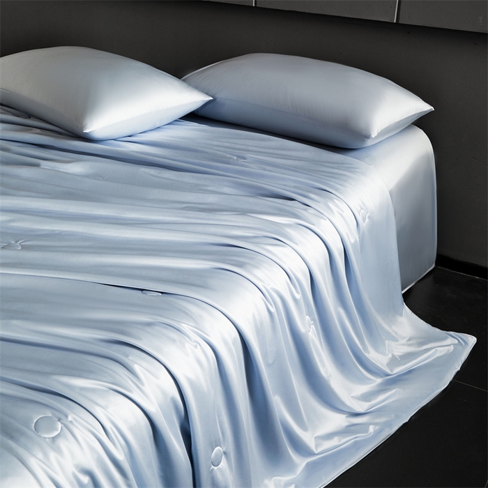 91家纺网 家纺一手货源 找家纺 雯豆家纺 2025夏季新品锦纶+氨纶高档冰丝凉感夏被空调被7A抗菌薄被芯 冰芙绸夏被-挪威蓝