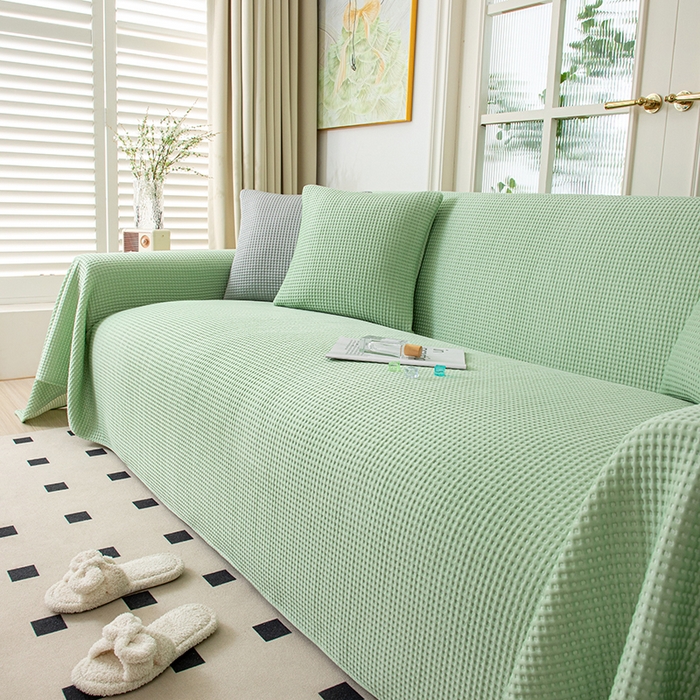 91家纺网 家纺一手货源 找家纺 沐沐家纺 2026新款冰豆豆华夫格沙发巾 绿色