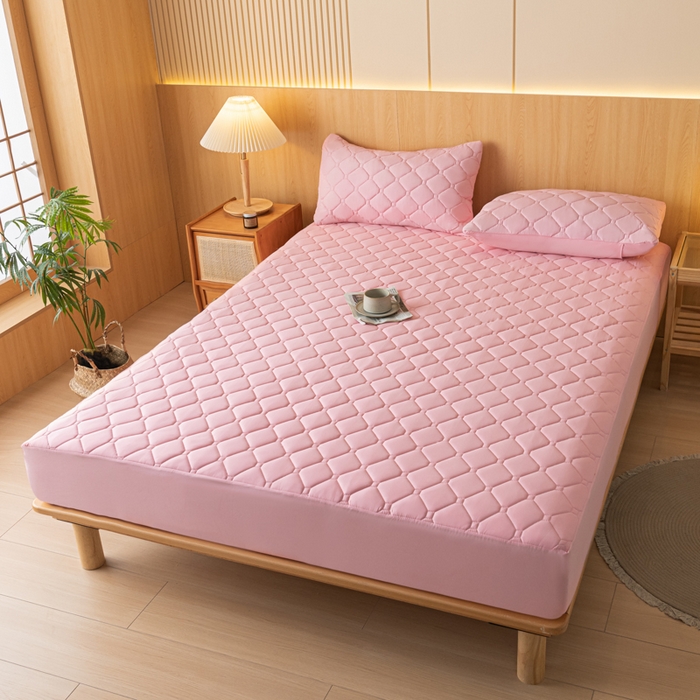 91家纺网 家纺一手货源 找家纺 梵克保罗 2025新款纯色加棉防水大豆纤维床笠 藕粉