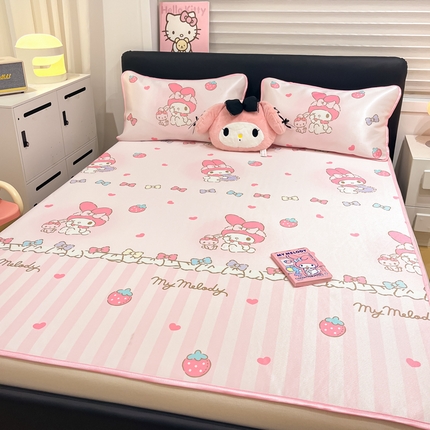 暮思家居 2025新款三丽鸥正版授权数码印花A类可机洗1200D冰丝凉席三件套平铺款系列 平铺款-洋娃娃美乐蒂