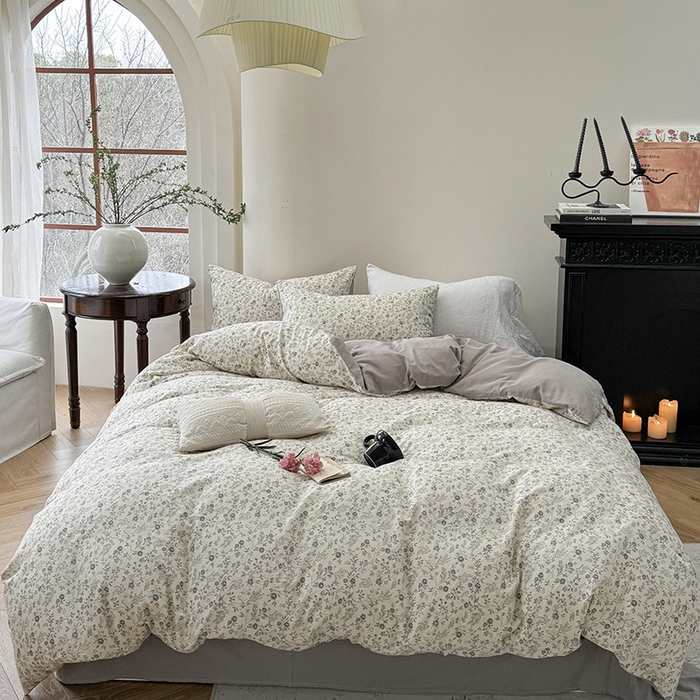 91家纺网 家纺一手货源 找家纺 时年家纺 2025新款全棉有氧双层纱四件套-碎花系列 秋月白