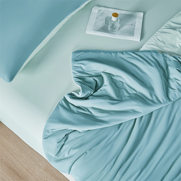 91家纺网 家纺一手货源 找家纺 雯豆家纺 2025夏季新品7A抗菌氨纶凉感丝夏凉被冰丝双人抑菌薄款透气薄被芯 冻冻凉感夏被-云天蓝+星云蓝