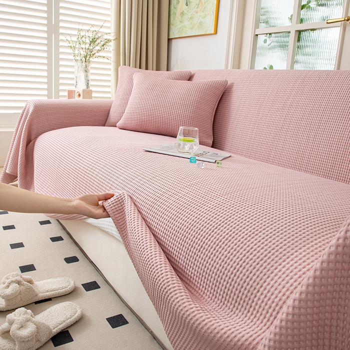 91家纺网 家纺一手货源 找家纺 沐沐家纺 2026新款冰豆豆华夫格沙发巾 粉色