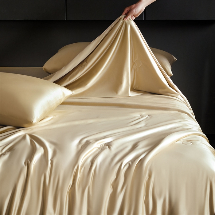 91家纺网 家纺一手货源 找家纺 雯豆家纺 2025夏季新品锦纶+氨纶高档冰丝凉感夏被空调被7A抗菌薄被芯 冰芙绸夏被-琥珀金