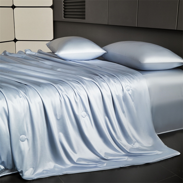 91家纺网 家纺一手货源 找家纺 雯豆家纺 2025夏季新品锦纶+氨纶高档冰丝凉感夏被空调被7A抗菌薄被芯 冰芙绸夏被-挪威蓝