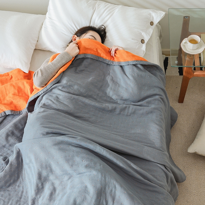 91家纺网 家纺一手货源 找家纺 雯雨2025新款A类全棉四层爱心刺绣纱布毛巾被 点点兰+橙