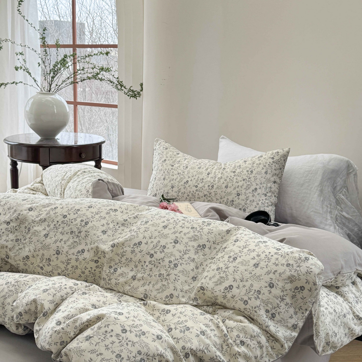 91家纺网 家纺一手货源 找家纺 时年家纺 2025春夏新款全棉纯棉有氧双层纱四件套-碎花系列 秋月白