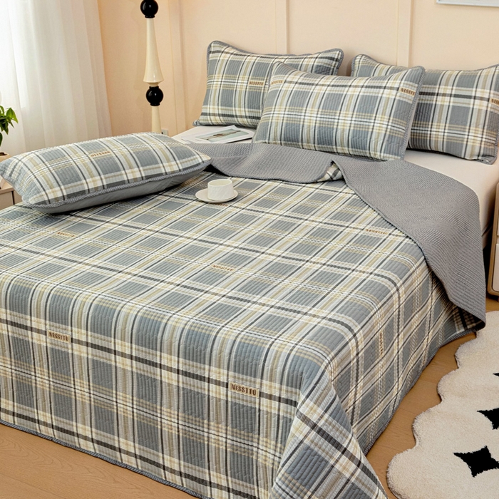 91家纺网 家纺一手货源 找家纺 情煊家纺 2025新款双面全棉夹棉床盖三件套 伯格灰