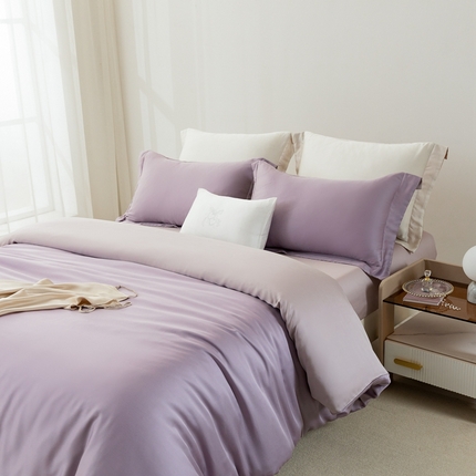 91家纺网 家纺一手货源 找家纺 121  2025新款60s支进口兰精天丝四件套-秋风QIUFENG系列（场景二） 浅藤紫