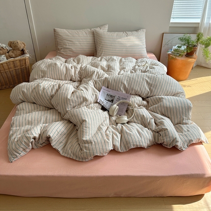 91家纺网 家纺一手货源 找家纺 艾咪-Amy ntmy 2025新款条纹款全棉色织水洗棉四件套 海岸绿