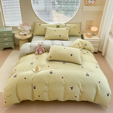 91家纺网 家纺一手货源 找家纺 （买家秀爆款花型不断货）2025年新款A类母婴级针织棉双层纱印花被套三件套全棉纯棉被套纯色床笠四件套 熊猫绿