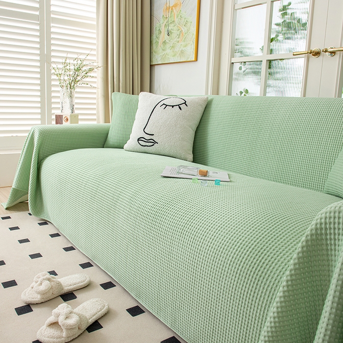 91家纺网 家纺一手货源 找家纺 沐沐家纺 2026新款冰豆豆华夫格沙发巾 绿色