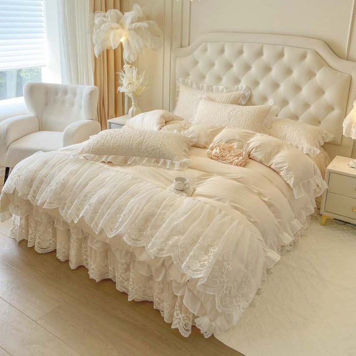 91家纺网 家纺一手货源 找家纺 恋尚 2025新款木凉淳浪漫蕾丝床裙三件套-米朵 米朵-米黄