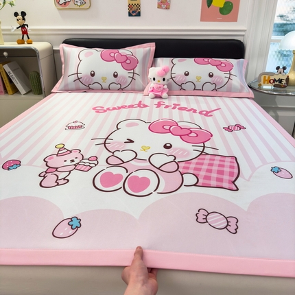 91家纺网 家纺一手货源 找家纺 丝羽坊 2025新款大版印花冰丝凉席冰丝席碳光冰丝凉席-平铺款 甜甜猫