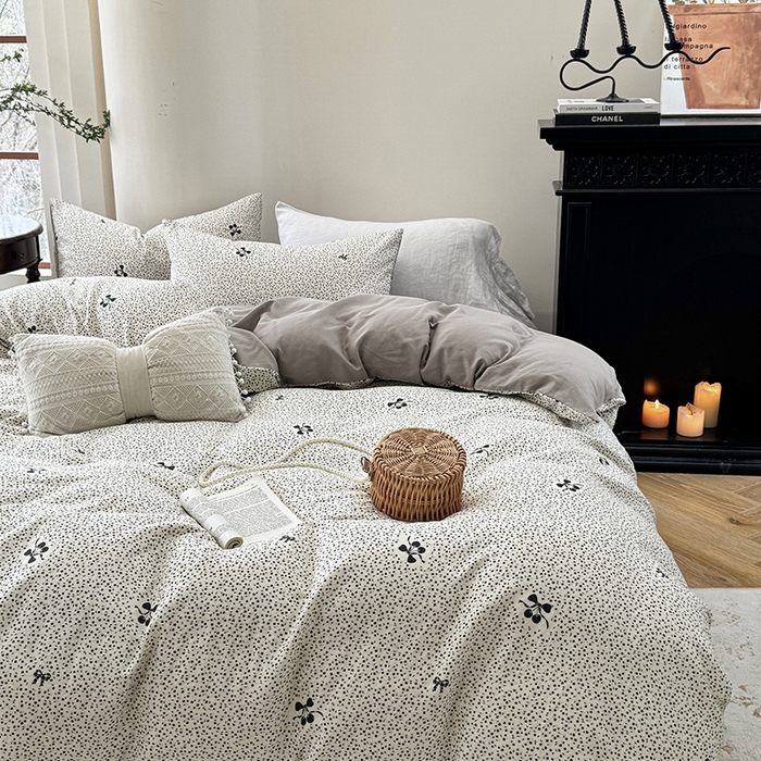 91家纺网 家纺一手货源 找家纺 时年家纺 2025新款全棉有氧双层纱四件套-碎花系列 白茶籽