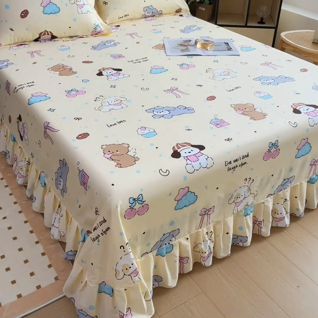 91家纺网 家纺一手货源 找家纺 2025新款全棉花边款床单 好奇狗