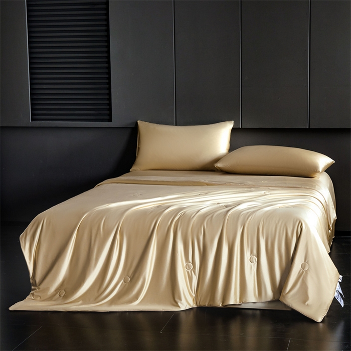 91家纺网 家纺一手货源 找家纺 雯豆家纺 2025夏季新品锦纶+氨纶高档冰丝凉感夏被空调被7A抗菌薄被芯 冰芙绸夏被-琥珀金