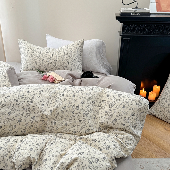 91家纺网 家纺一手货源 找家纺 时年家纺 2025新款全棉有氧双层纱四件套-碎花系列 秋月白