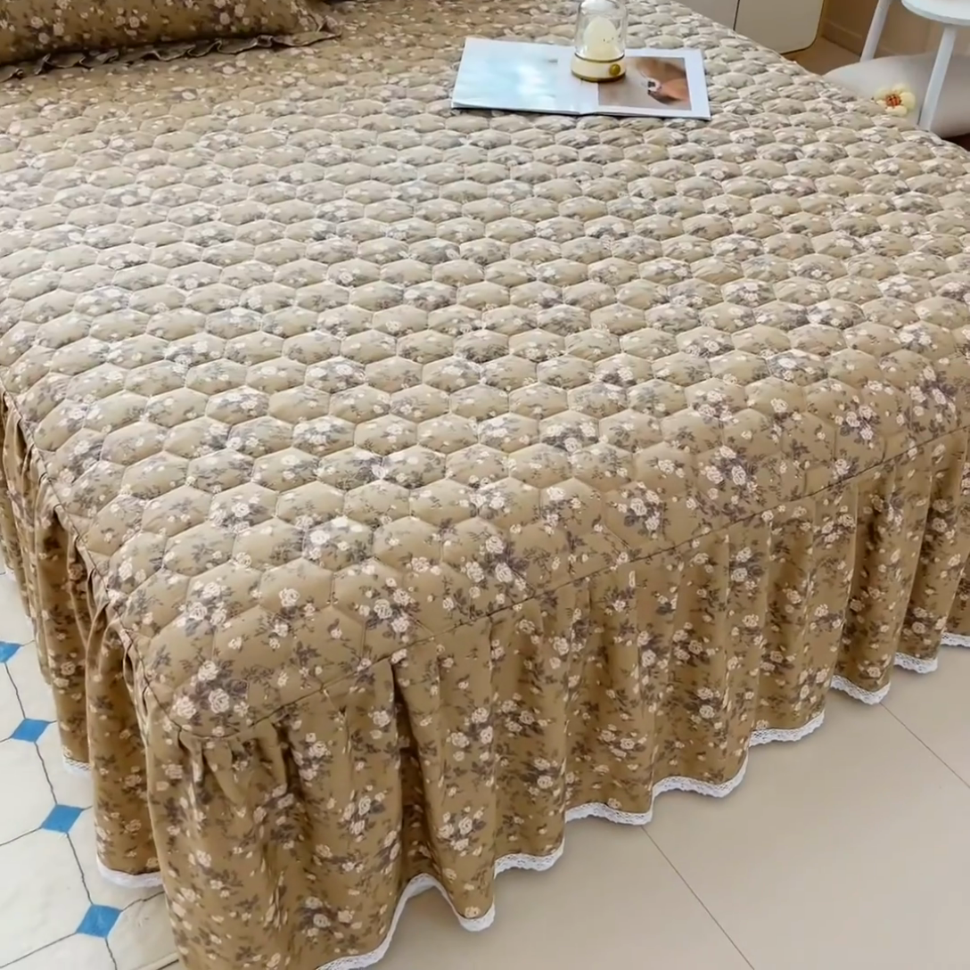 91家纺网 家纺一手货源 找家纺 2025新款全棉夹棉床裙 茶野