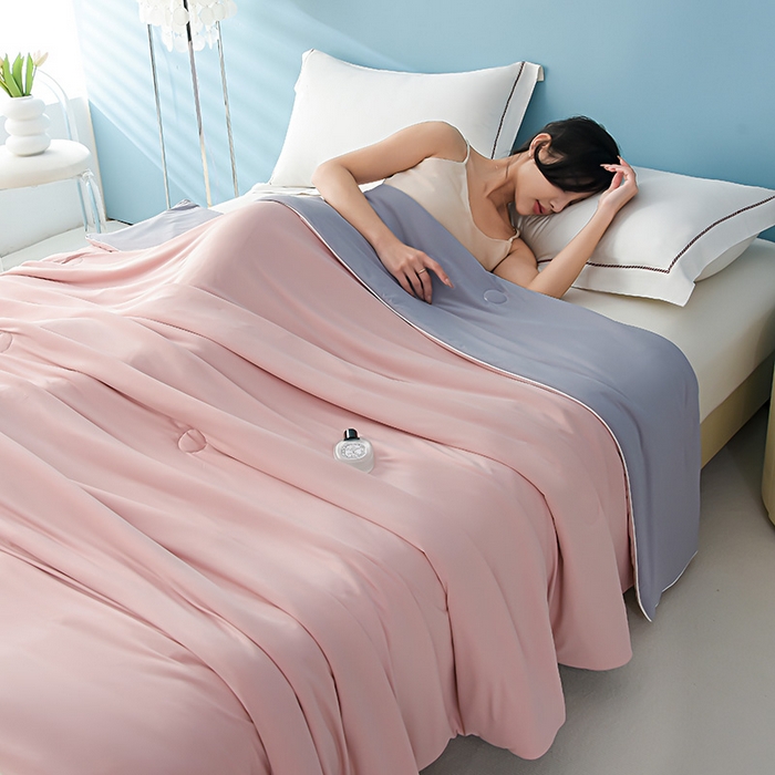 91家纺网 家纺一手货源 找家纺 益多眠 2025年新款凉感丝双拼夏被夏凉被被子被芯 桃粉灰