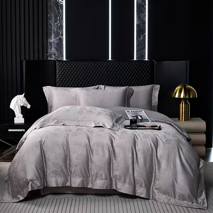 91家纺网 家纺一手货源 找家纺 优品阁 2024新款长绒棉贡缎提花--欧式轻奢提花系列叶叶情深-淡雅灰