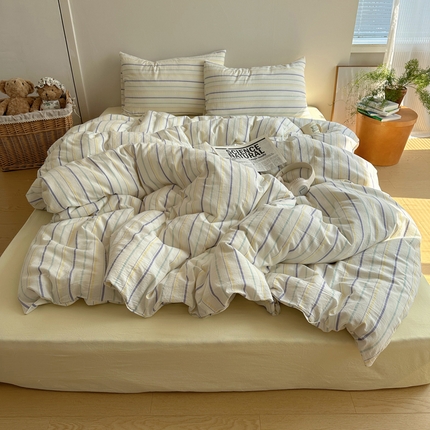 91家纺网 家纺一手货源 找家纺 艾咪-Amy ntmy 2025新款条纹款全棉色织水洗棉四件套 且乐紫