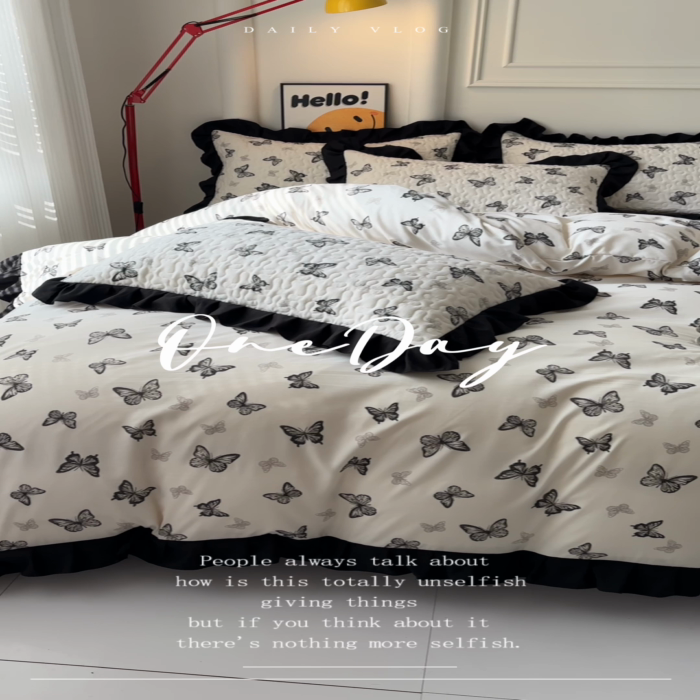 91家纺网 家纺一手货源 找家纺 蝶帕家纺 2025新款法式赫本风韩版花边水洗棉床盖四件套 蝴蝶印记