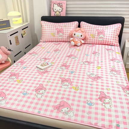 暮思家居 2025新款三丽鸥正版授权数码印花A类可机洗1200D冰丝凉席三件套平铺款系列 平铺款-粉格美乐蒂