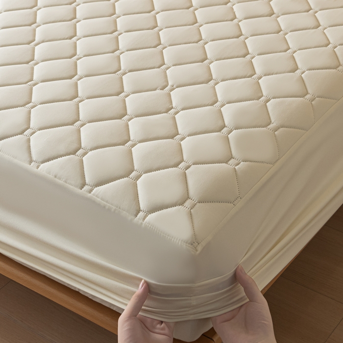 91家纺网 家纺一手货源 找家纺 梵克保罗 2025新款纯色加棉防水大豆纤维床笠 奶油白