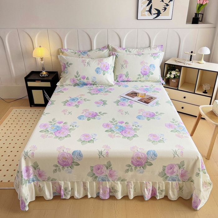 91家纺网 家纺一手货源 找家纺 2025新款全棉花边款床单 假日玫瑰