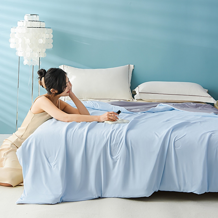 91家纺网 家纺一手货源 找家纺 益多眠 2025年新款凉感丝双拼夏被夏凉被被子被芯 天蓝灰