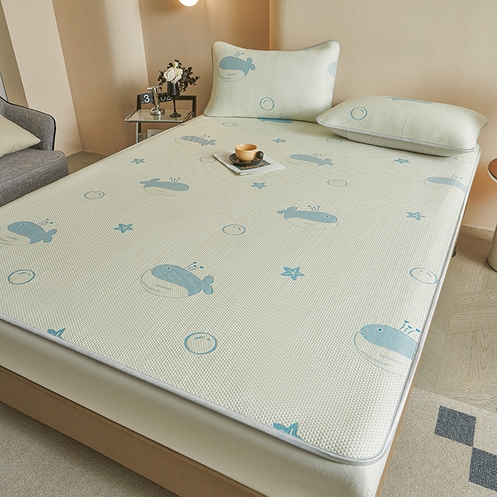 91家纺网 家纺一手货源 找家纺 柔品2025新款PE中分子凉感提花凉席系列 蓝鲸 奶绿-床席款