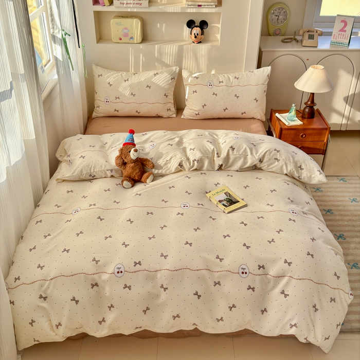 91家纺网 家纺一手货源 找家纺 冕悠家纺 2025新款热款A类高克重针织双层纱四件套系列 （提供买家秀） 樱桃蝴蝶结