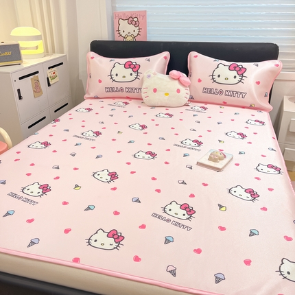 暮思家居 2025新款三丽鸥正版授权数码印花A类可机洗1200D冰丝凉席三件套平铺款系列 平铺款-甜筒KT