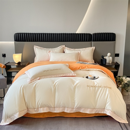 2025新款轻奢家简约水洗磨毛四件套-艾文 奶昔白-南瓜橘