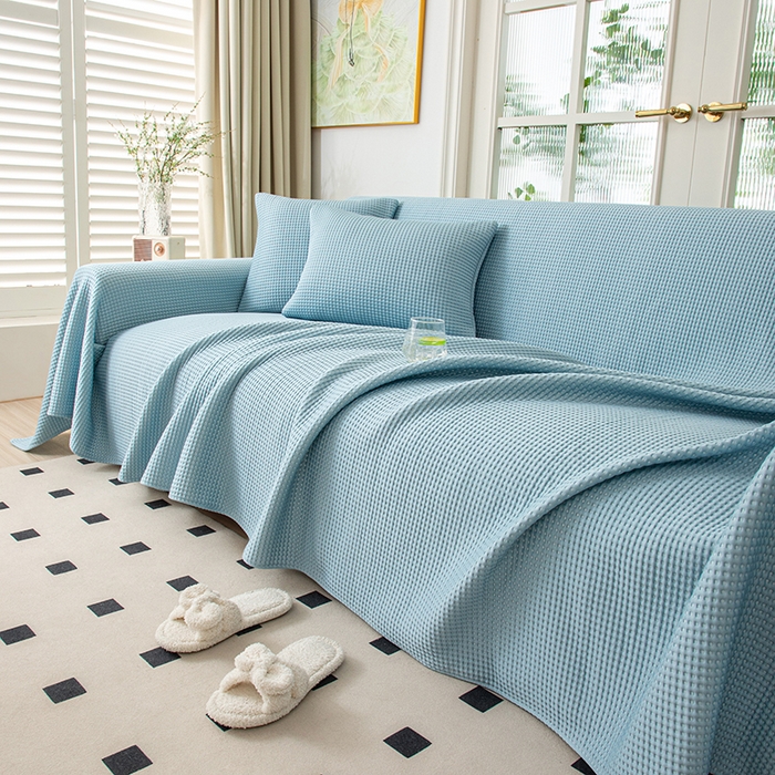 91家纺网 家纺一手货源 找家纺 沐沐家纺 2026新款冰豆豆华夫格沙发巾 蓝色