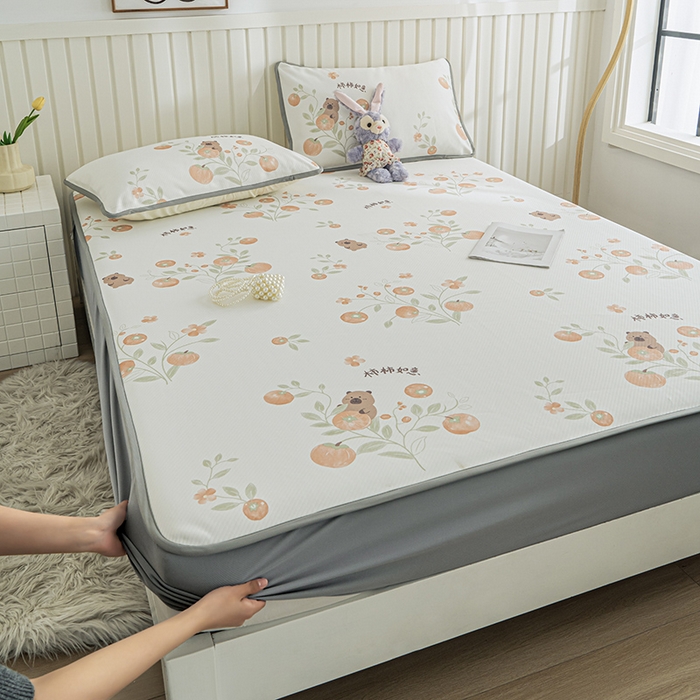 91家纺网 家纺一手货源 找家纺 卢赛尔 2025新款凉感丝提花凉席床笠款 柿柿如意