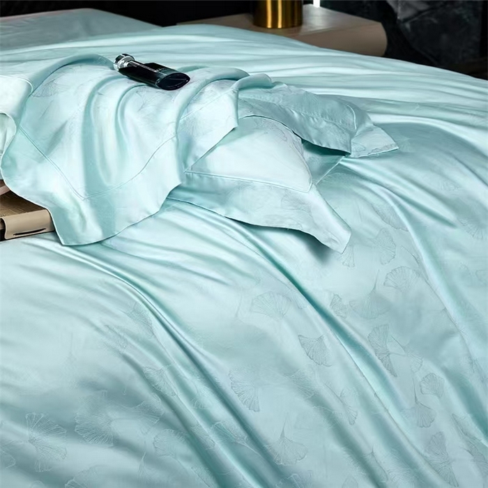 91家纺网 家纺一手货源 找家纺 优品阁 2024新款长绒棉贡缎提花--欧式轻奢提花系列叶叶情深-月光蓝