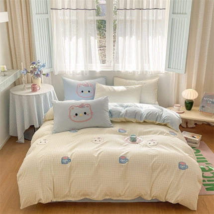 星座家纺 2025新款水洗棉毛巾绣四件套 笑脸KT 浅黄