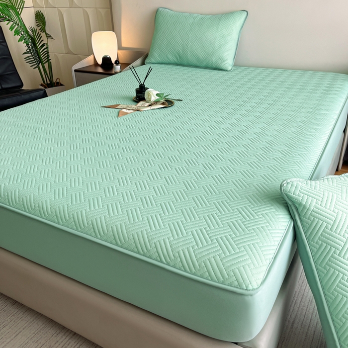 91家纺网 家纺一手货源 找家纺 梵克保罗 2025新款凉感丝床笠凉席三件套--饼干系列 绿色