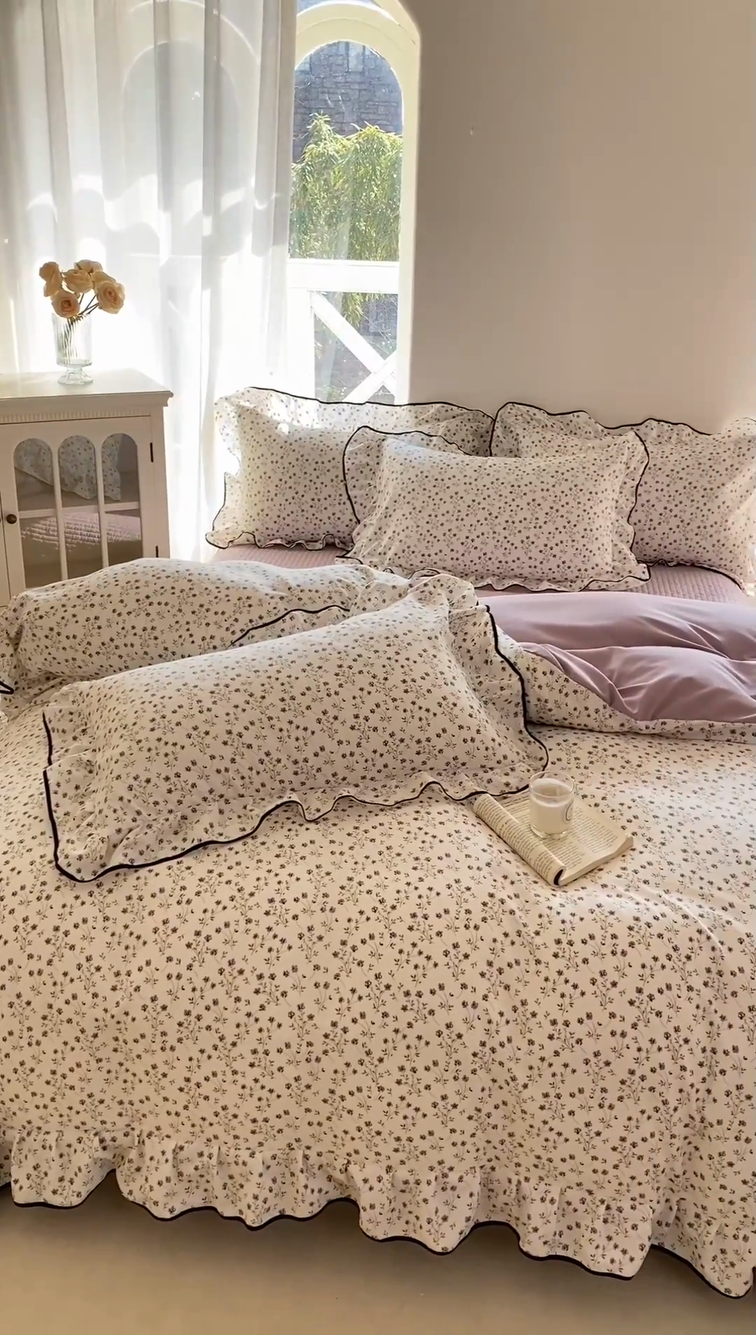 91家纺网 家纺一手货源 找家纺 仟网汇 2025新款赫本针织双层纱床盖四件套 小紫花