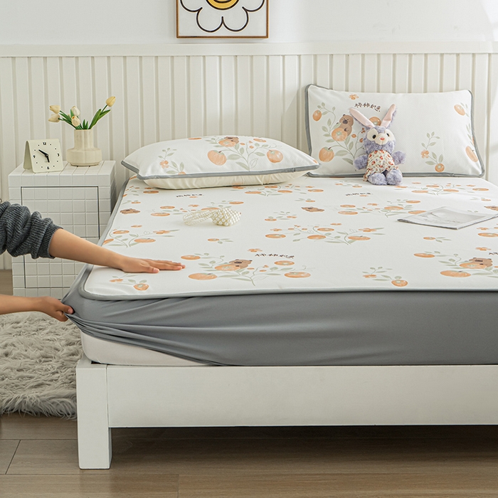 91家纺网 家纺一手货源 找家纺 卢赛尔 2025新款凉感丝提花凉席床笠款 柿柿如意